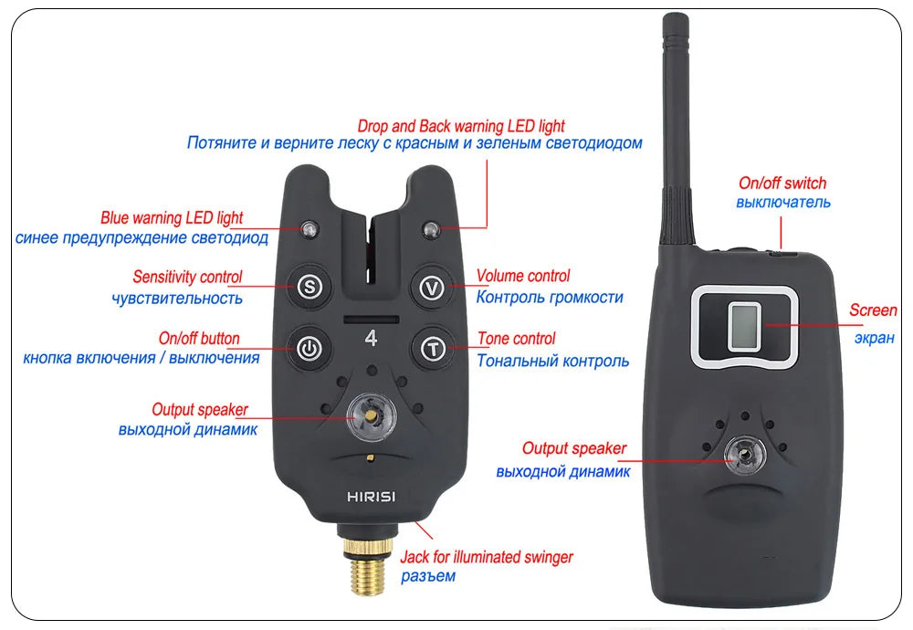 4 Wireless fishing bite alarm set with illuminated swinger